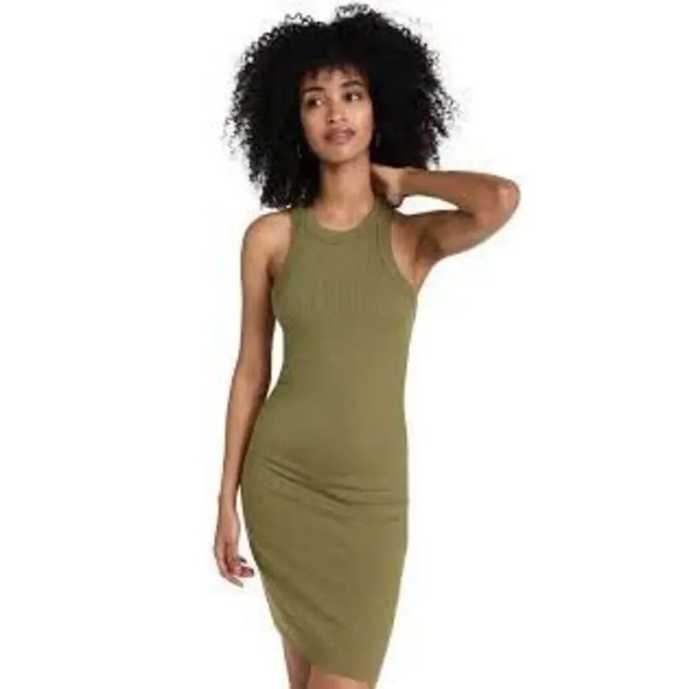 WSLY Size M Rivington Ribbed Knit Tank Dress Green High Neck Bodycon Mini NWT